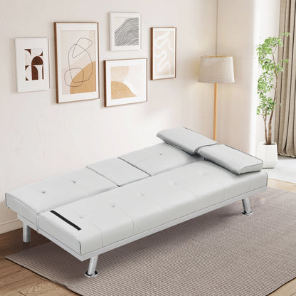 White 67 Faux Leather Loveseat Sofa Bed with 2 Cup Holder and Stainless Legs for Living Room