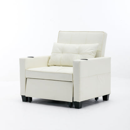 White 68.12 Faux Leather 3-in-1 Single Convertible Pull Out Sofa with USB Ports and Wear-resistantfor Living Room