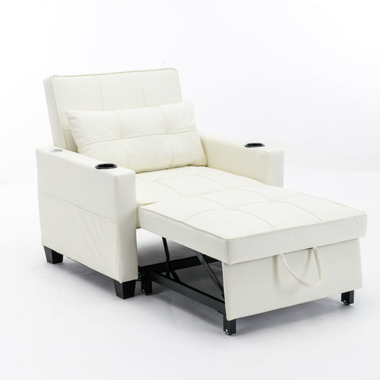 White 68.12 Faux Leather 3-in-1 Single Convertible Pull Out Sofa with USB Ports and Wear-resistantfor Living Room