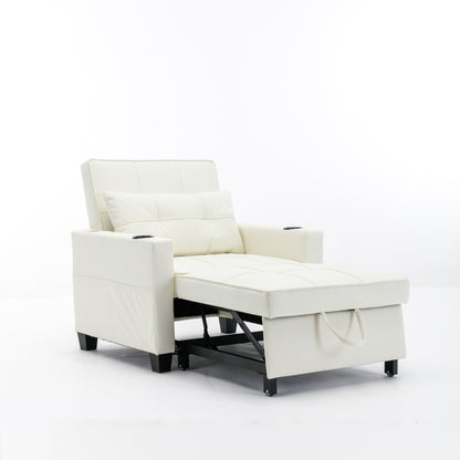 White 68.12 Faux Leather 3-in-1 Single Convertible Pull Out Sofa with USB Ports and Wear-resistantfor Living Room