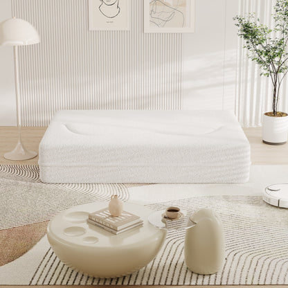 White 78 Convertible Teddy Fabric Loveseat Foam-Filled Floor Sofa Bed with 2 Pillows and Folding Mattress for Living Room
