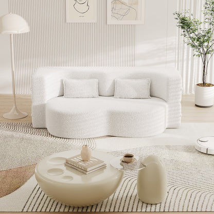 White 78 Convertible Teddy Fabric Loveseat Foam-Filled Floor Sofa Bed with 2 Pillows and Folding Mattress for Living Room