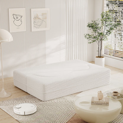 White 78 Convertible Teddy Fabric Loveseat Foam-Filled Floor Sofa Bed with 2 Pillows and Folding Mattress for Living Room