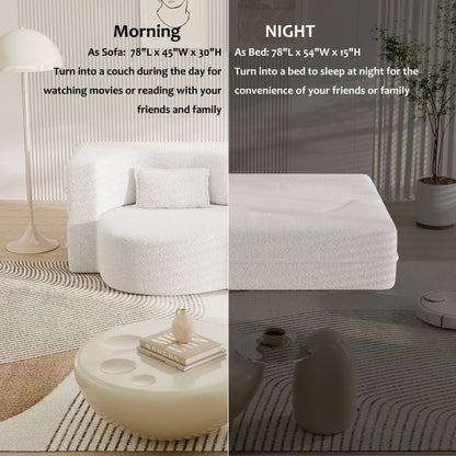 White 78 Convertible Teddy Fabric Loveseat Foam-Filled Floor Sofa Bed with 2 Pillows and Folding Mattress for Living Room