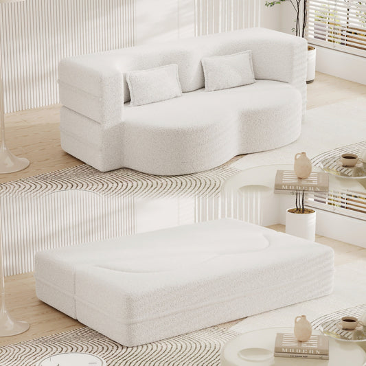 White 78 Convertible Teddy Fabric Loveseat Foam-Filled Floor Sofa Bed with 2 Pillows and Folding Mattress for Living Room
