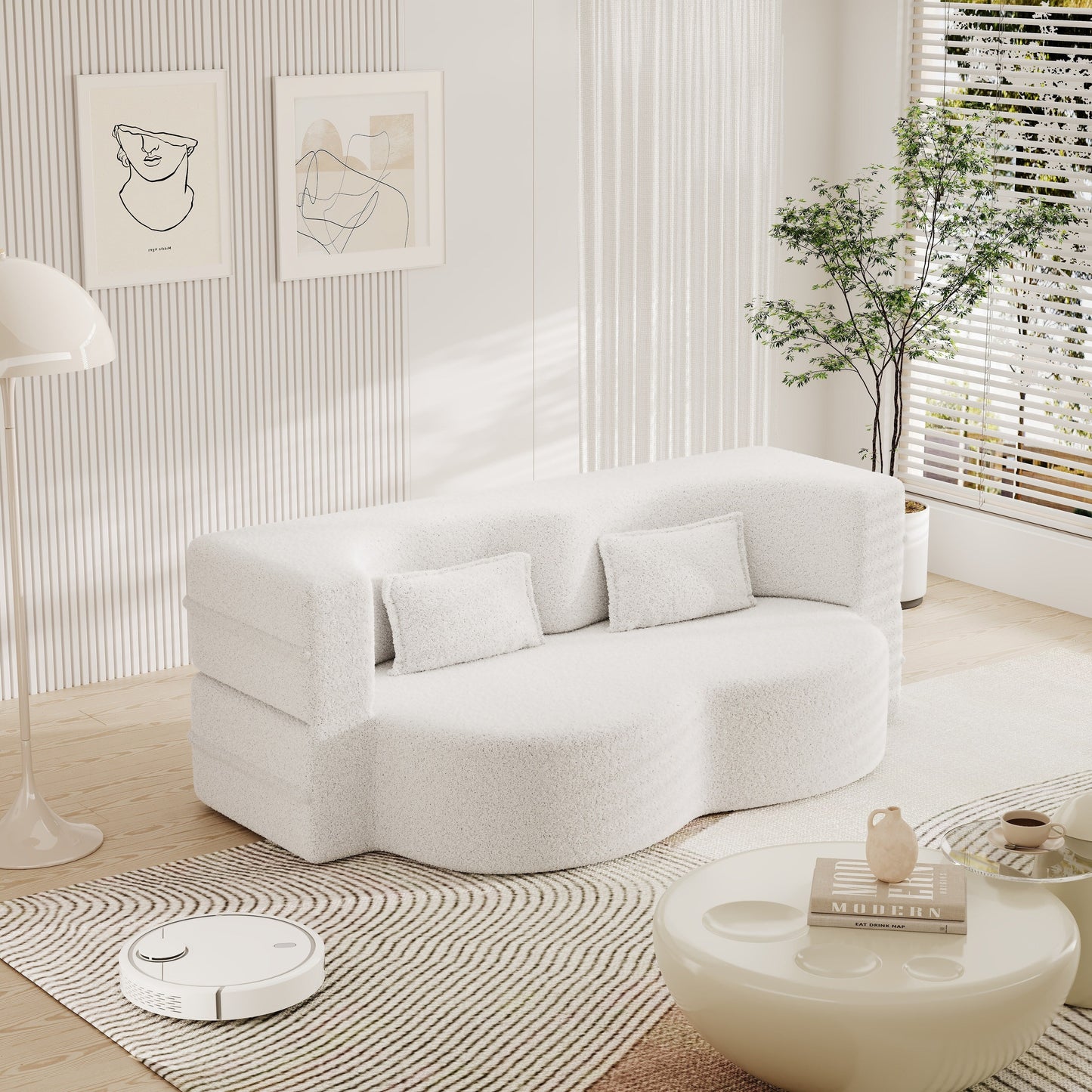 White 78 Convertible Teddy Fabric Loveseat Foam-Filled Floor Sofa Bed with 2 Pillows and Folding Mattress for Living Room
