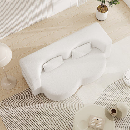 White 78 Convertible Teddy Fabric Loveseat Foam-Filled Floor Sofa Bed with 2 Pillows and Folding Mattress for Living Room
