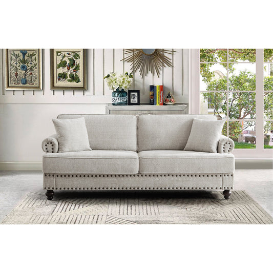 White 82'' Modern 2-Seater Upholstered Sofa with Nailhead Trim, Accent Pillows, and Sponge Cushions