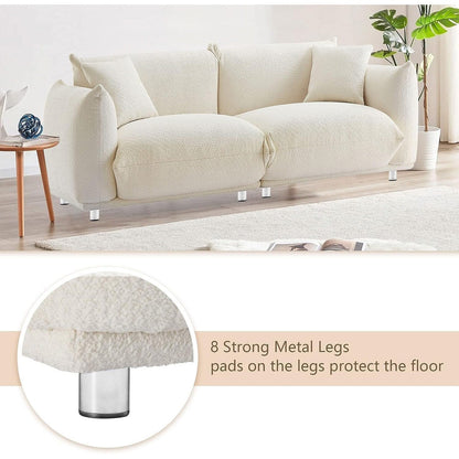 Weißes 87'' 3-Sitzer-Sofa aus Lammwolle mit Plüschkissen und Metallbeinen