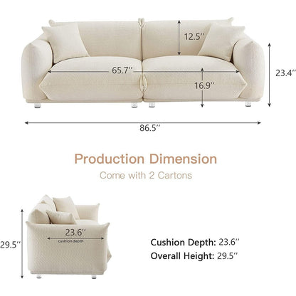 Weißes, übergroßes 220 cm großes Sofa mit Metallbeinen, Massivholzrahmen, 2 Kissen, plüschig und langlebig