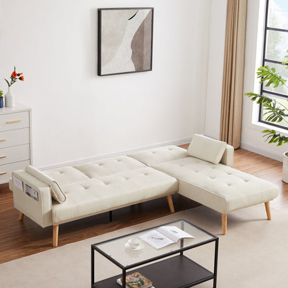 White 94.5 Linen L-Shaped Convertible Sofa with Right Chaise, Foam Cushions, and Storage Organizer
