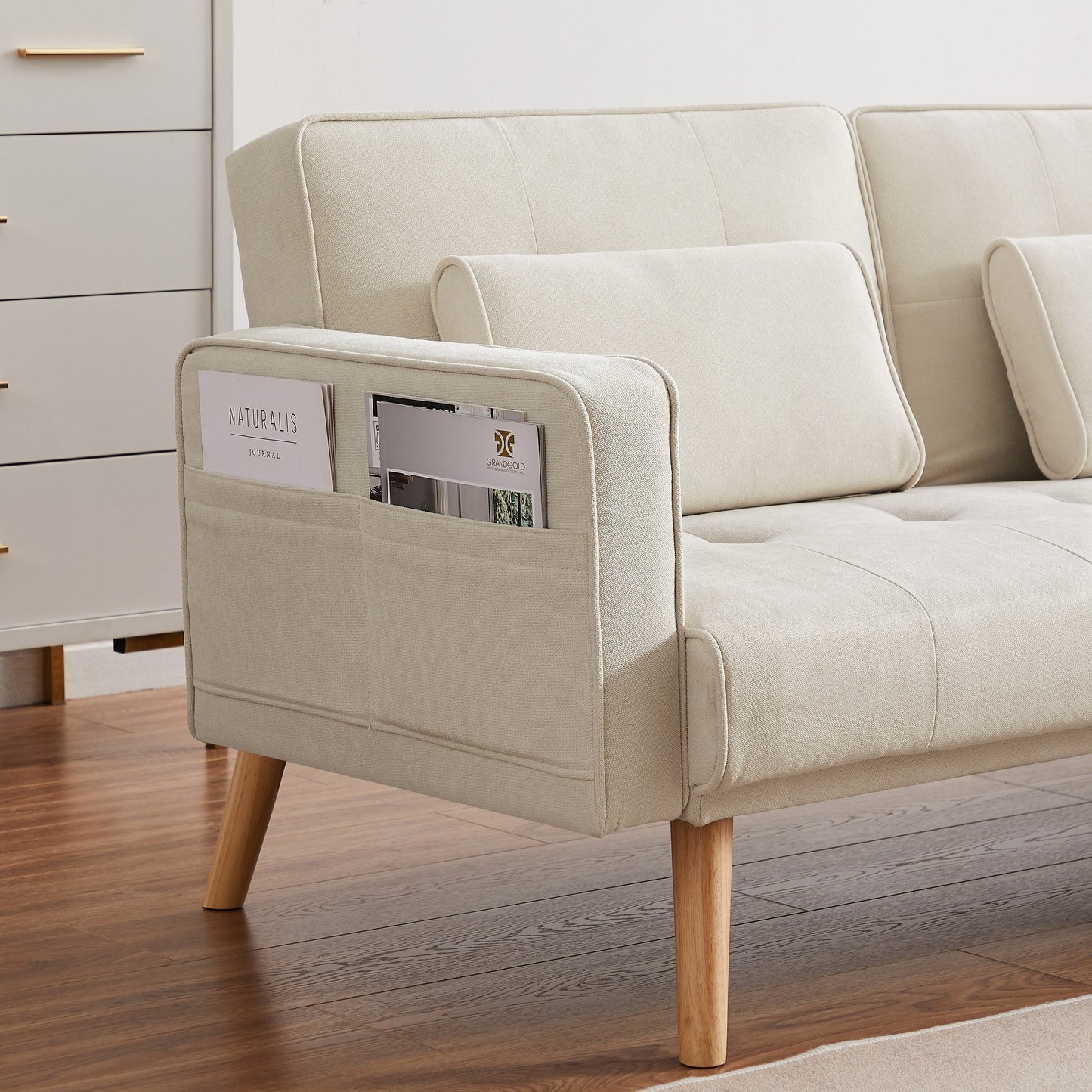 White 94.5 Linen L-Shaped Convertible Sofa with Right Chaise, Foam Cushions, and Storage Organizer