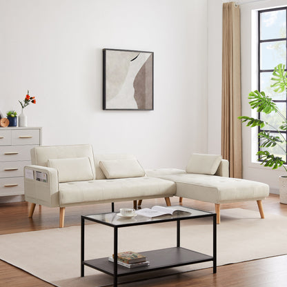 White 94.5 Linen L-Shaped Convertible Sofa with Right Chaise, Foam Cushions, and Storage Organizer