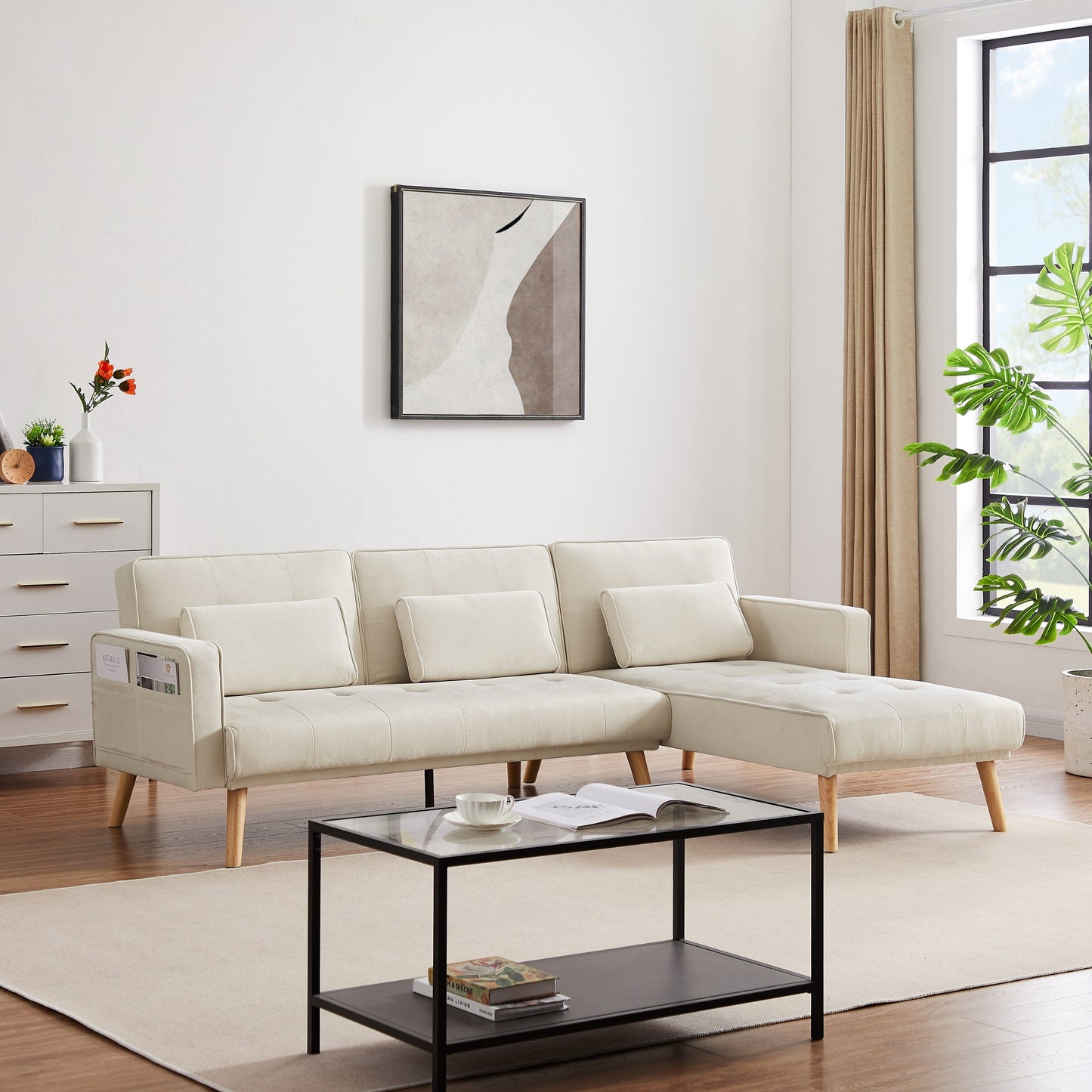 White 94.5 Linen L-Shaped Convertible Sofa with Right Chaise, Foam Cushions, and Storage Organizer