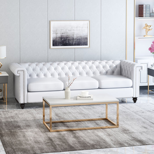 White Chesterfield 3-seater Sofa with Button Tufting and Nailheads