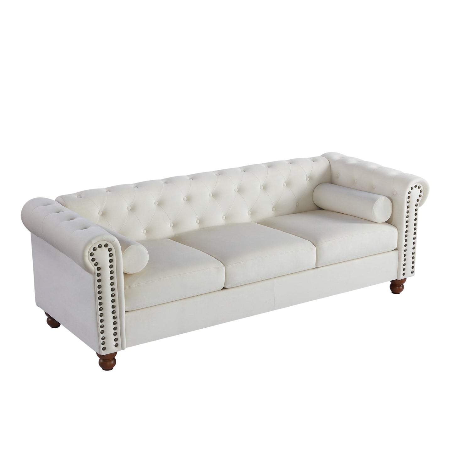 White Chesterfield 74.5 Button Tufted Upholstered 3-seater Sofa with Nailheads and Pillows for Living Room
