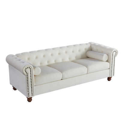 White Chesterfield 74.5 Button Tufted Upholstered 3-seater Sofa with Nailheads and Pillows for Living Room