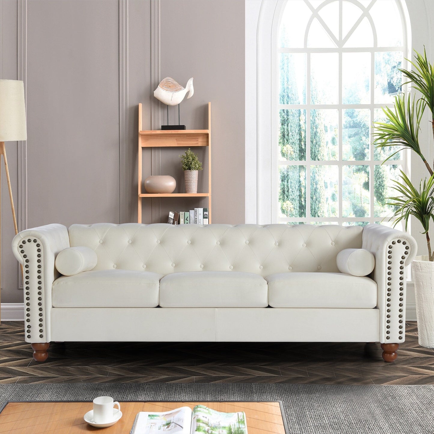 White Chesterfield 74.5 Button Tufted Upholstered 3-seater Sofa with Nailheads and Pillows for Living Room