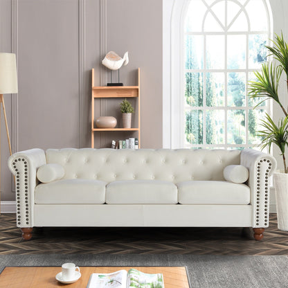 White Chesterfield 74.5 Button Tufted Upholstered 3-seater Sofa with Nailheads and Pillows for Living Room