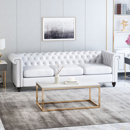 White Chesterfield 83 Button Tufted Upholstered 3-seater Sofa with Nailheads and Wood Legs for Living Room