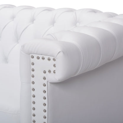 White Chesterfield 83 Button Tufted Upholstered 3-seater Sofa with Nailheads and Wood Legs for Living Room