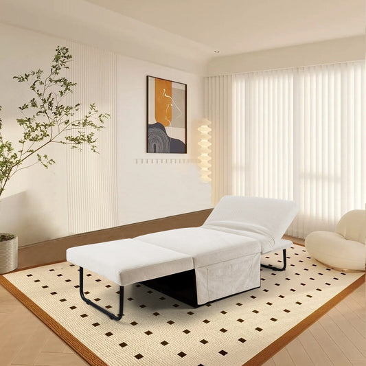 White Corduroy Single Convertible Sofa Bed with Reclining Backrest