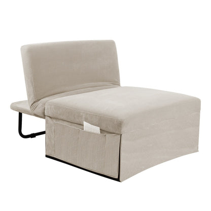 White Corduroy Single Convertible Sofa Bed with Reclining Backrest