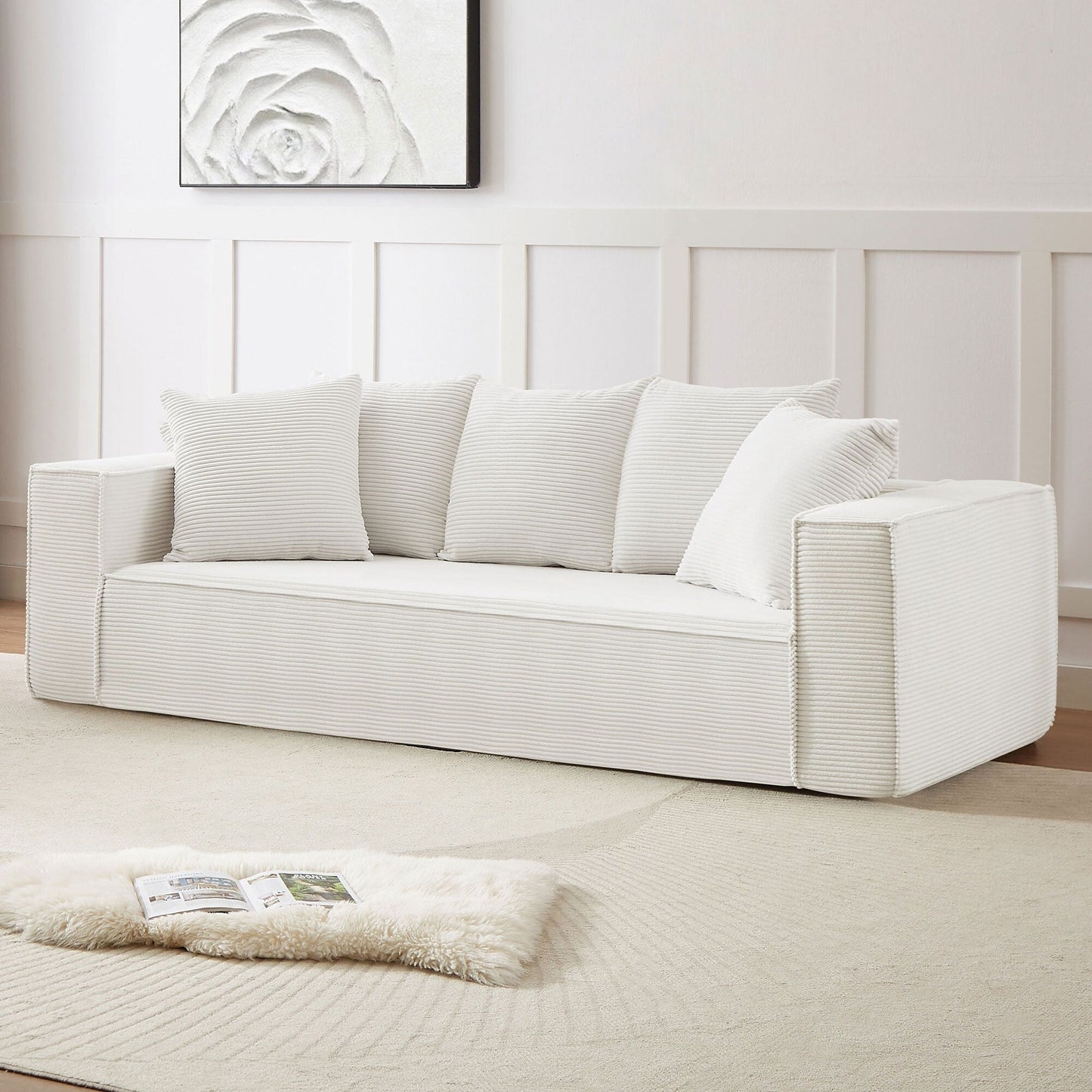 White Corduroy Upholstered 3-seater Sofa with 5 Toss Pillows