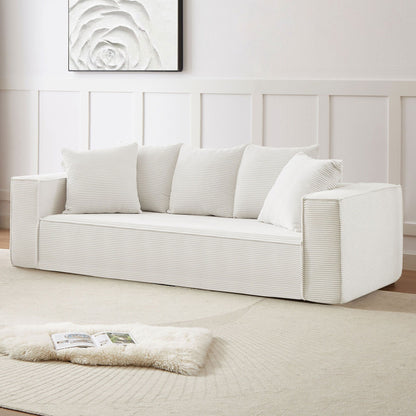 White Corduroy Upholstered 3-seater Sofa with 5 Toss Pillows