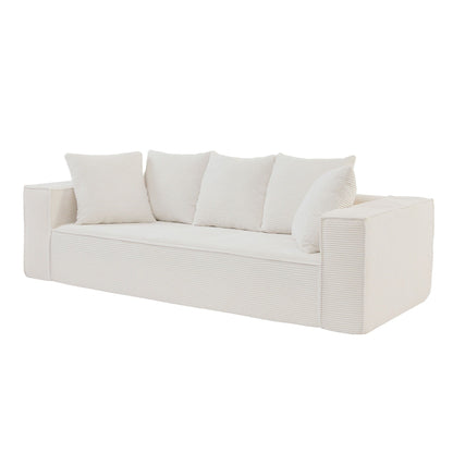 White Corduroy Upholstered 3-seater Sofa with 5 Toss Pillows