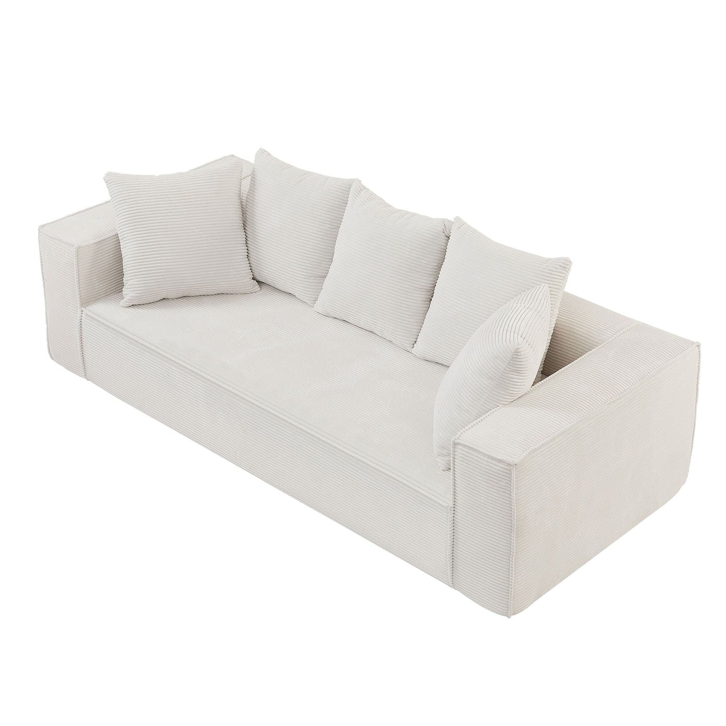 White Corduroy Upholstered 3-seater Sofa with 5 Toss Pillows