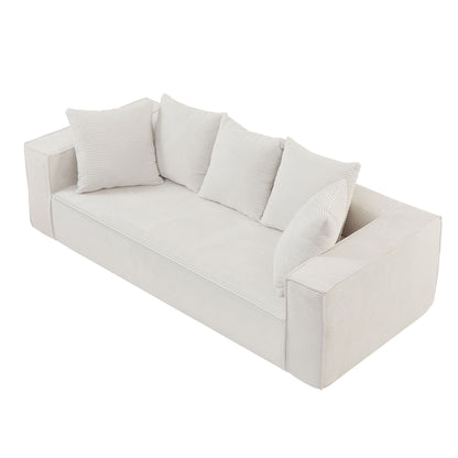White Corduroy Upholstered 3-seater Sofa with 5 Toss Pillows