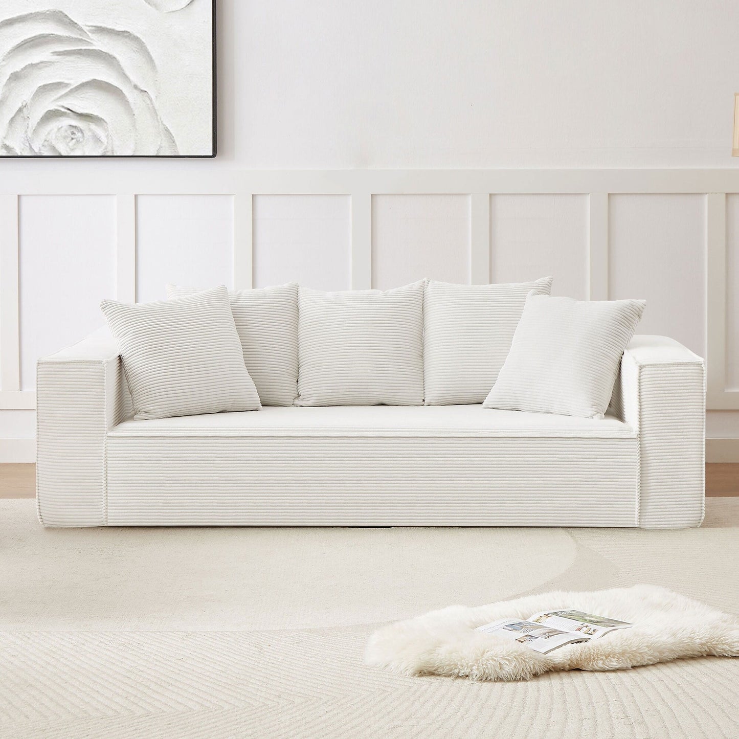 White Corduroy Upholstered 3-seater Sofa with 5 Toss Pillows
