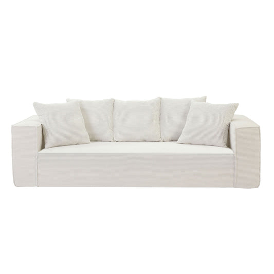 White Corduroy Upholstered 3-seater Sofa with 5 Toss Pillows