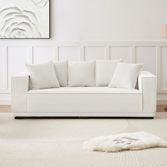 White Corduroy Upholstered 3-seater Sofa with Toss Pillows
