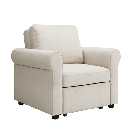 White Linen Convertible Single Sofa Bed with Adjustable Backrest