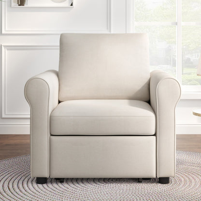 White Linen Convertible Single Sofa Bed with Adjustable Backrest