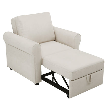 White Linen Convertible Single Sofa Bed with Adjustable Backrest