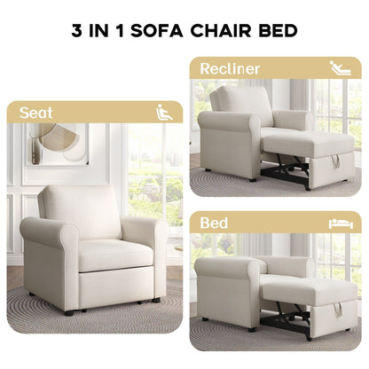 White Linen Convertible Single Sofa Bed with Adjustable Backrest