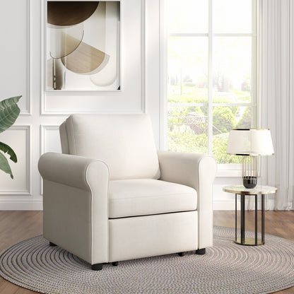 White Linen Convertible Single Sofa Bed with Adjustable Backrest