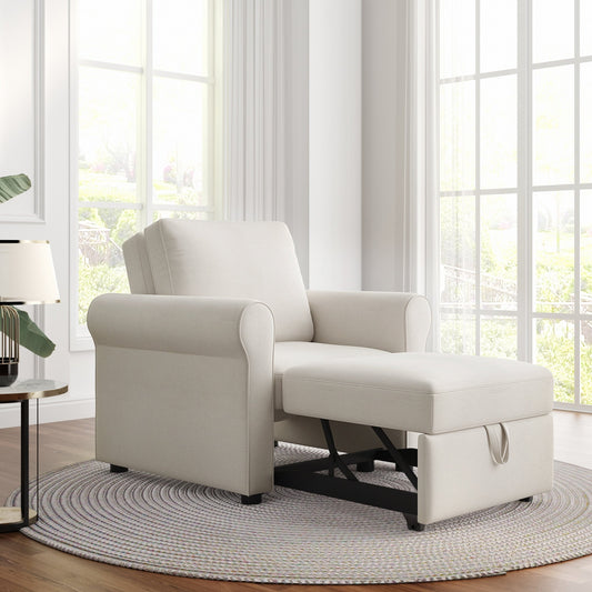 White Linen Convertible Single Sofa Bed with Adjustable Backrest