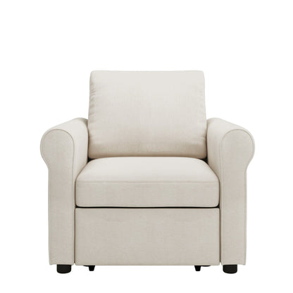 White Linen Convertible Single Sofa Bed with Adjustable Backrest
