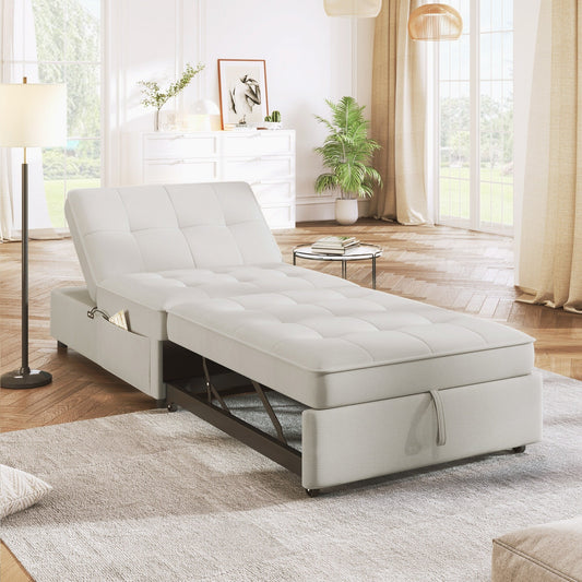 White Linen Ottoman Sofa Bed with Storage Pocket and USB Port