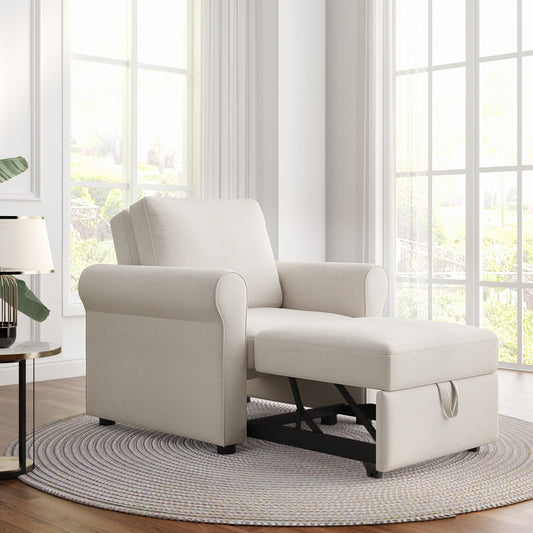White Modern 34 3-in-1 Linen Convertible Single Sofa Bed with Adjust Backrest for Living Room