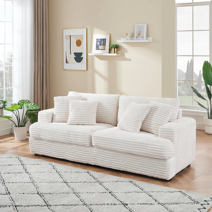 White Modern 79.3 Corduroy 3-seater Sofa with 4 Matching Toss Pillows and Individual Spring Cushion for Living Room