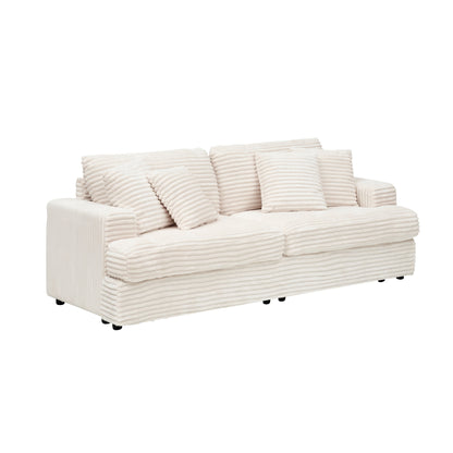 White Modern 79.3 Corduroy 3-seater Sofa with 4 Matching Toss Pillows and Individual Spring Cushion for Living Room