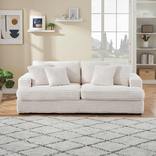 White Modern 79.3 Corduroy 3-seater Sofa with 4 Matching Toss Pillows and Individual Spring Cushion for Living Room