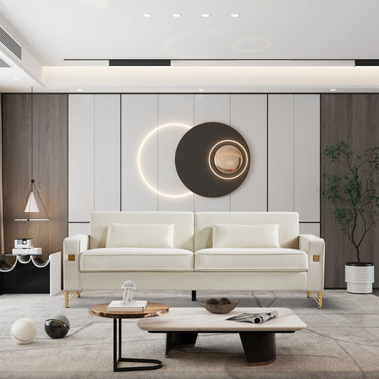 Weißes, modernes 85.44 Samt-gepolstertes Loveseat-Sofa mit goldenen Beinen und Kissen für das Wohnzimmer