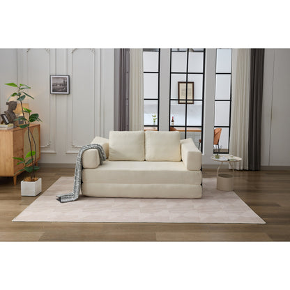 White Modern Minimalist 70.87 Chenille Loveseat Convertible Fold-Out Floor Sofa Bed with Removable Backrest for Living Room
