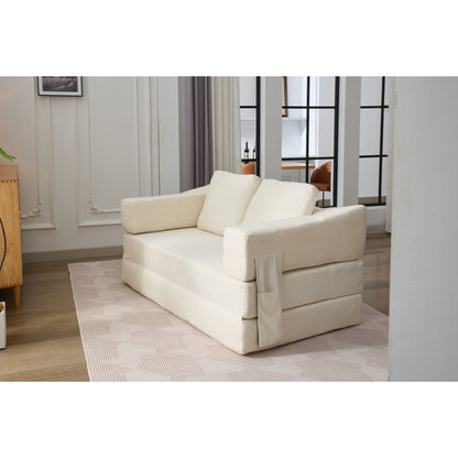 White Modern Minimalist 70.87 Chenille Loveseat Convertible Fold-Out Floor Sofa Bed with Removable Backrest for Living Room